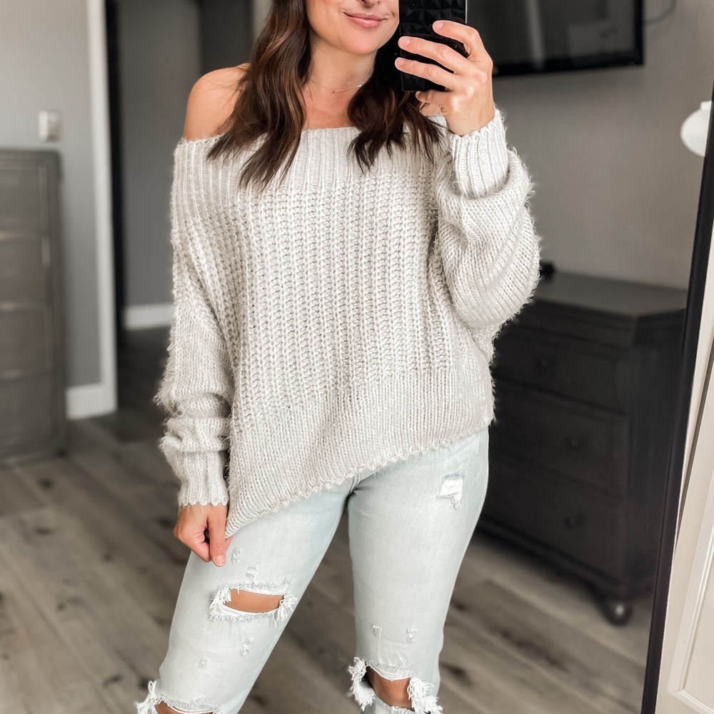 Pale Gray Off The Shoulder Slouchy Fuzzy Knit Sweater Top